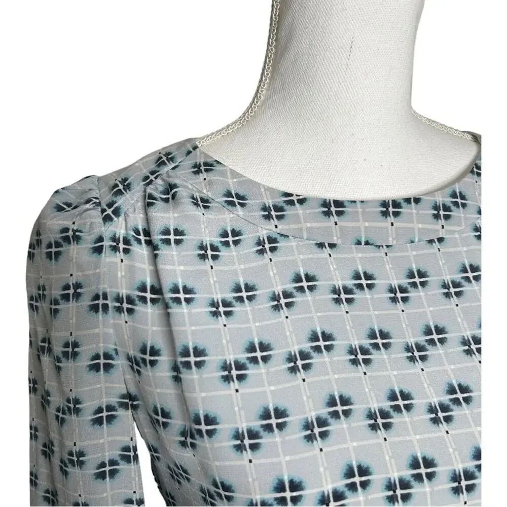 Reiss Giselle Watercolor Three-Quarter Sleeve Blue Geo Print Silk Dress Size 4